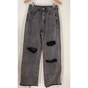 Acid Wash Distressed‎ Ripped Jeans Women's Wide Leg Raw Hem Denim Pants